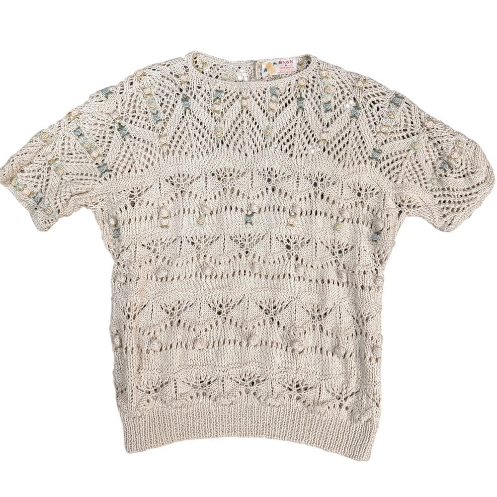 Vintage Handmade Pointelle Knit Short Sleeve Sweater M Openwork Cottage Rosettes